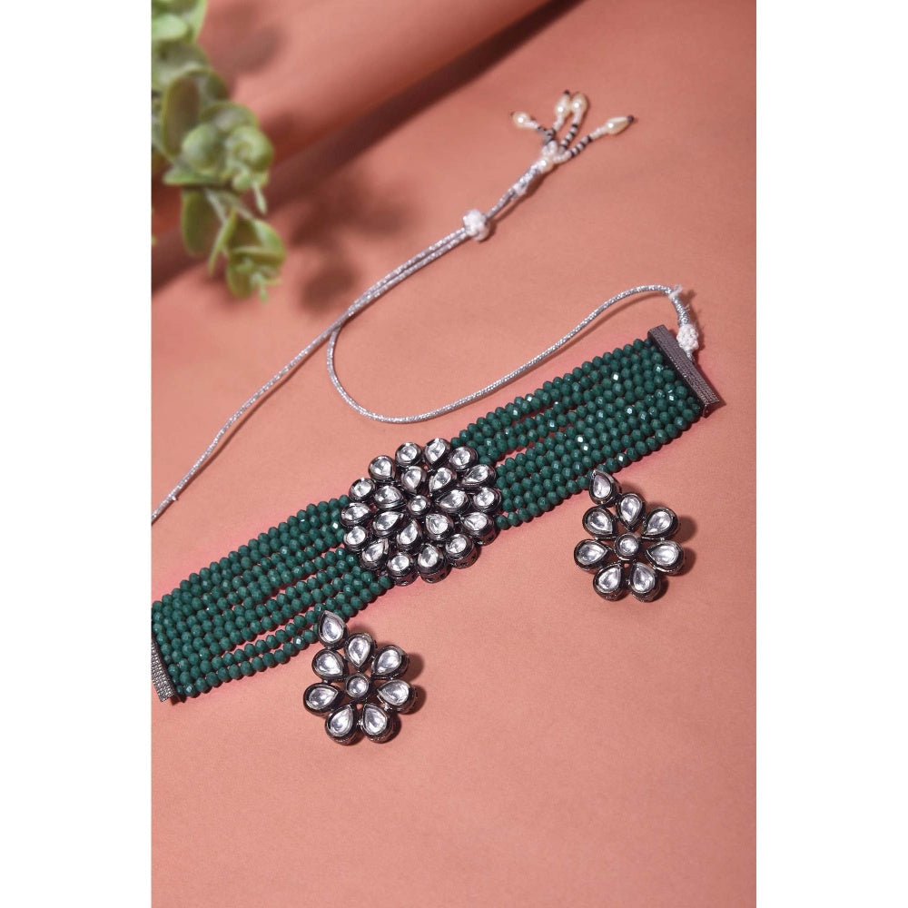 SWABHIMANN Devishi Green Rhodium Plated Choker Necklace with Earrings Set
