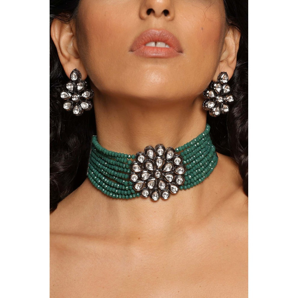 SWABHIMANN Devishi Green Rhodium Plated Choker Necklace with Earrings Set