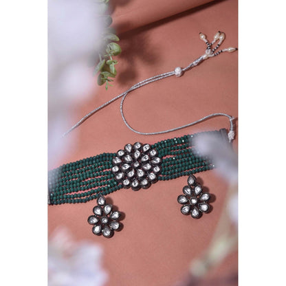 SWABHIMANN Devishi Green Rhodium Plated Choker Necklace with Earrings Set