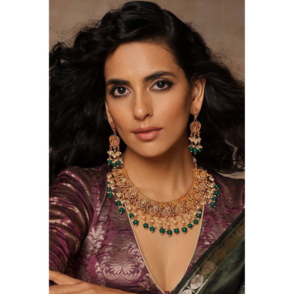 SWABHIMANN Adyaa Green Temple Work Necklace Set