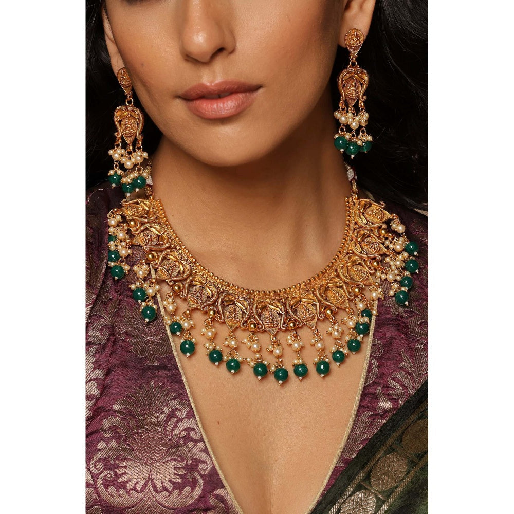 SWABHIMANN Adyaa Green Temple Work Necklace Set