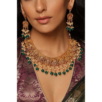 SWABHIMANN Adyaa Green Temple Work Necklace Set
