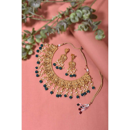 SWABHIMANN Adyaa Green Temple Work Necklace Set