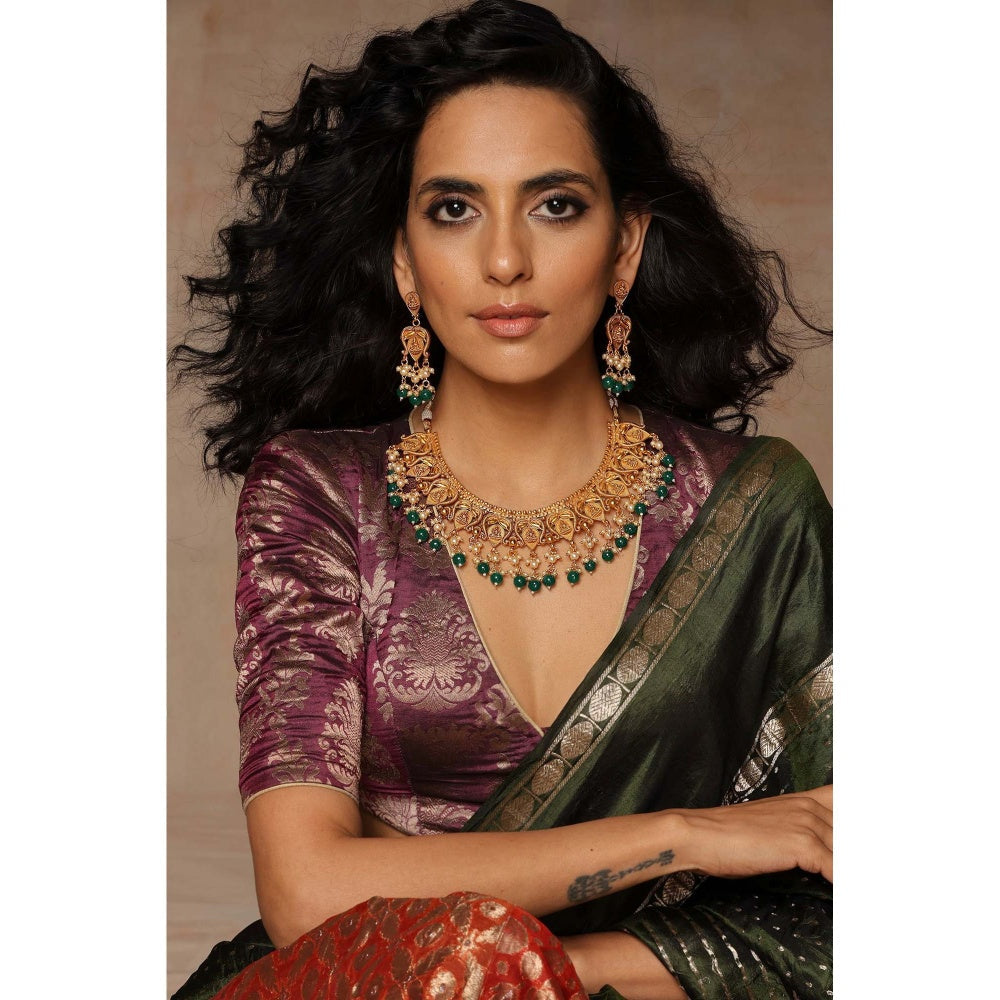 SWABHIMANN Adyaa Green Temple Work Necklace Set