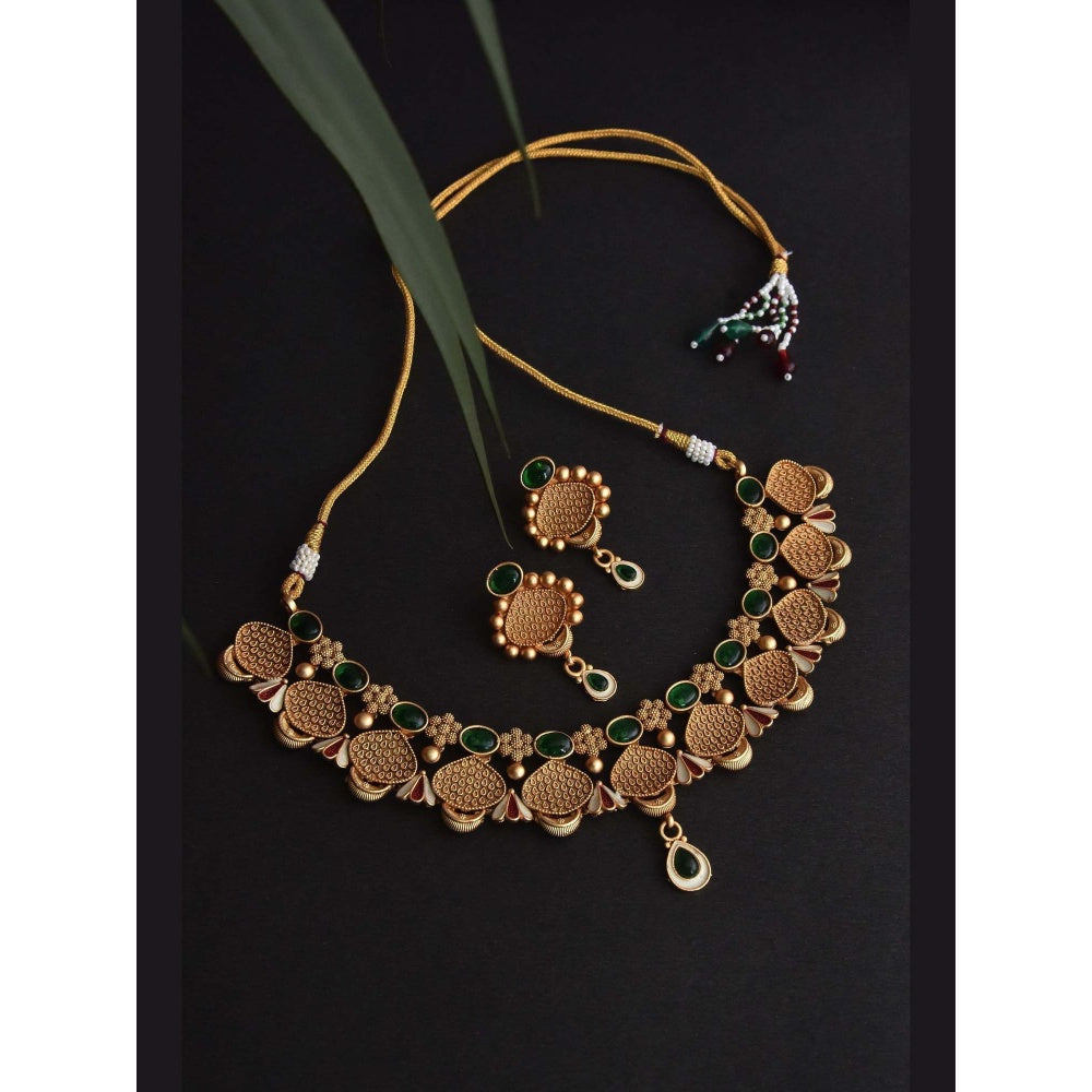 SWABHIMANN Mor Green Temple Necklace Set