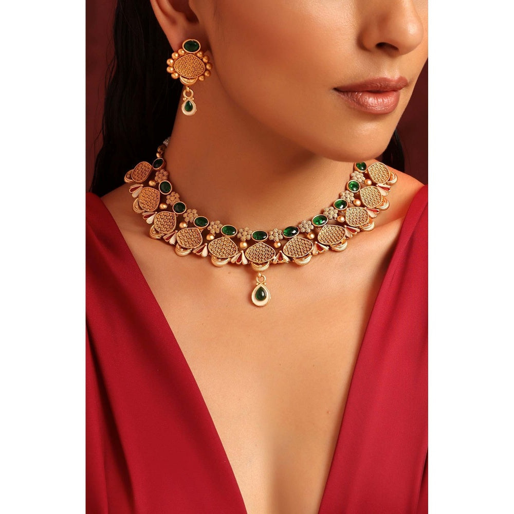 SWABHIMANN Mor Green Temple Necklace Set