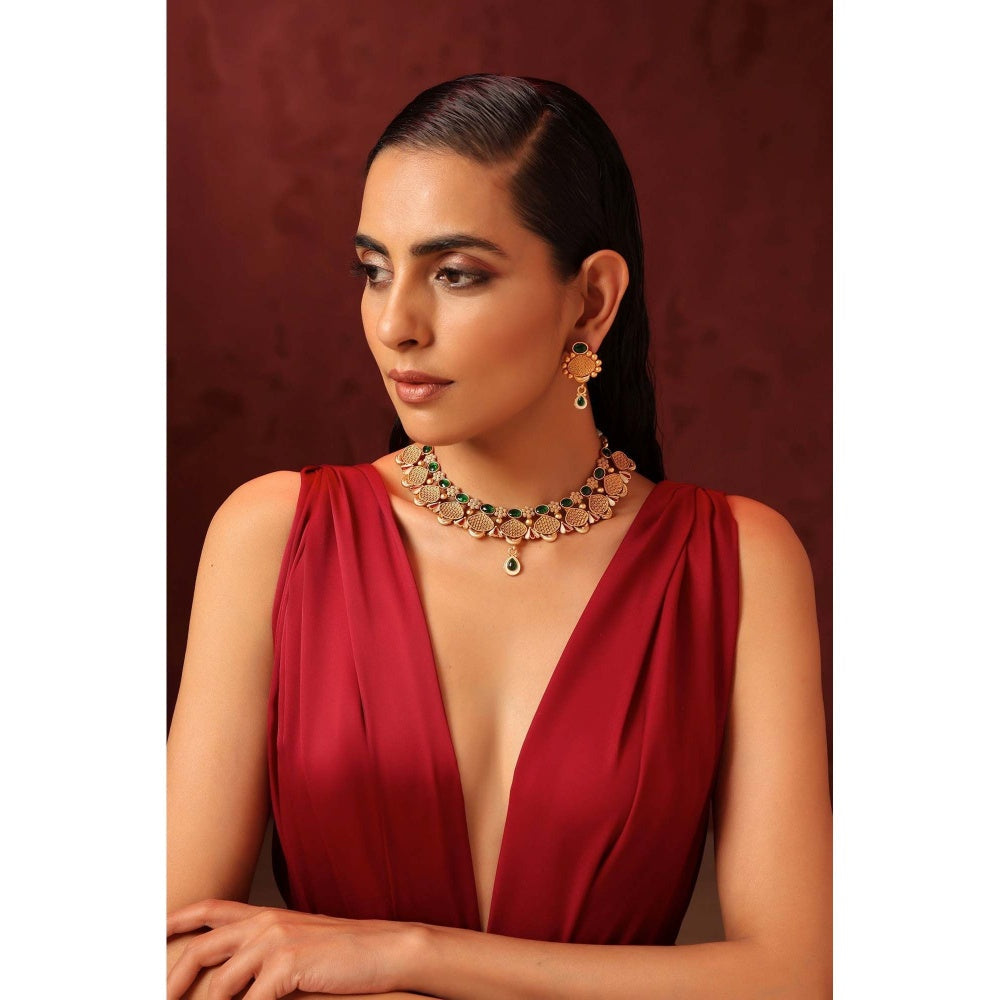 SWABHIMANN Mor Green Temple Necklace Set