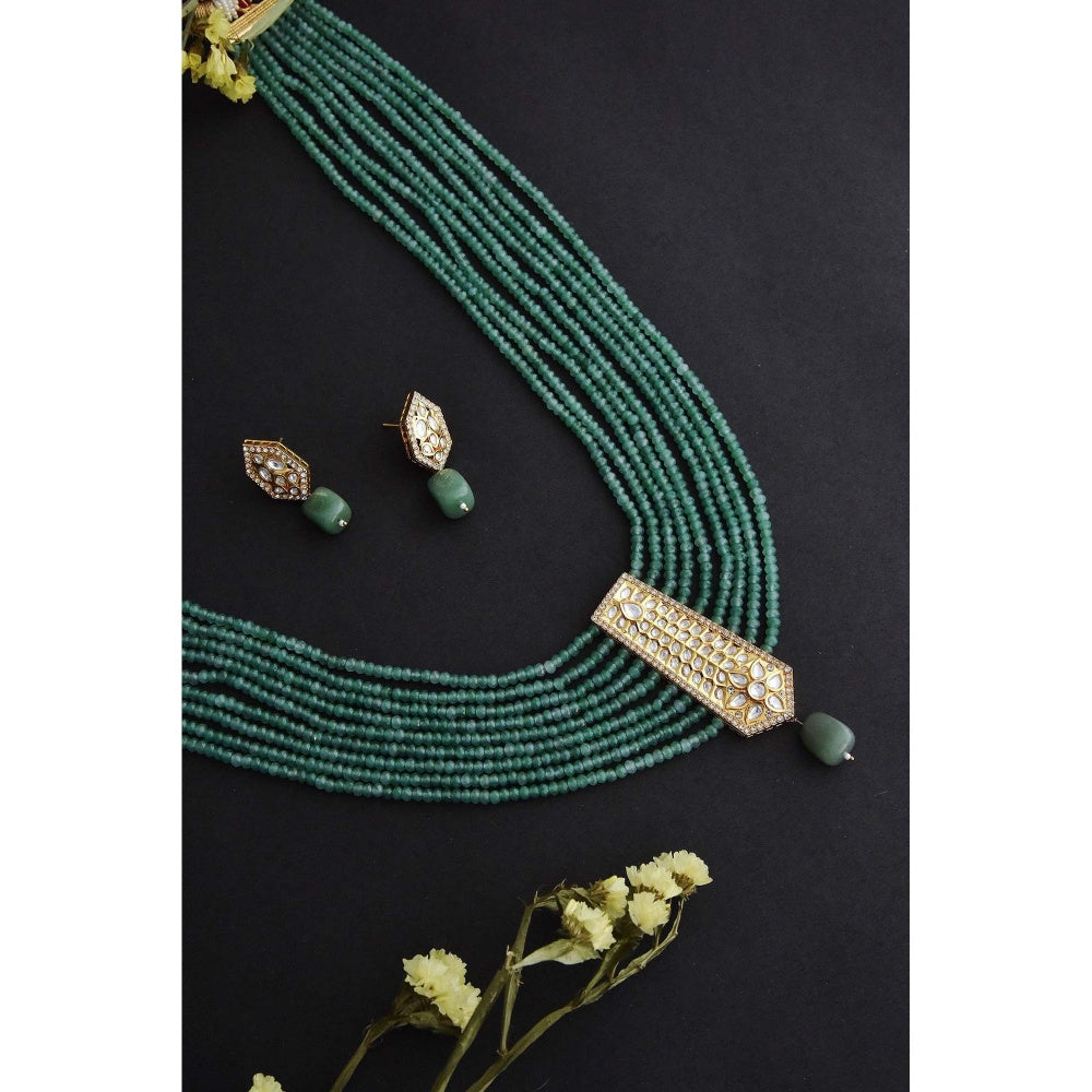SWABHIMANN Drishika Green Polki Long Necklace Set