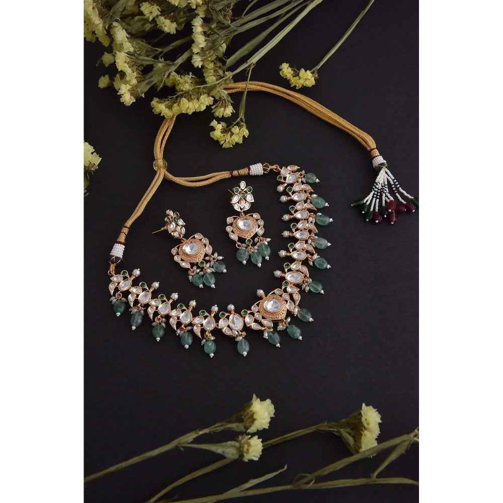 SWABHIMANN Sathya Green Polki Silver Choker Necklace with Earrings Set