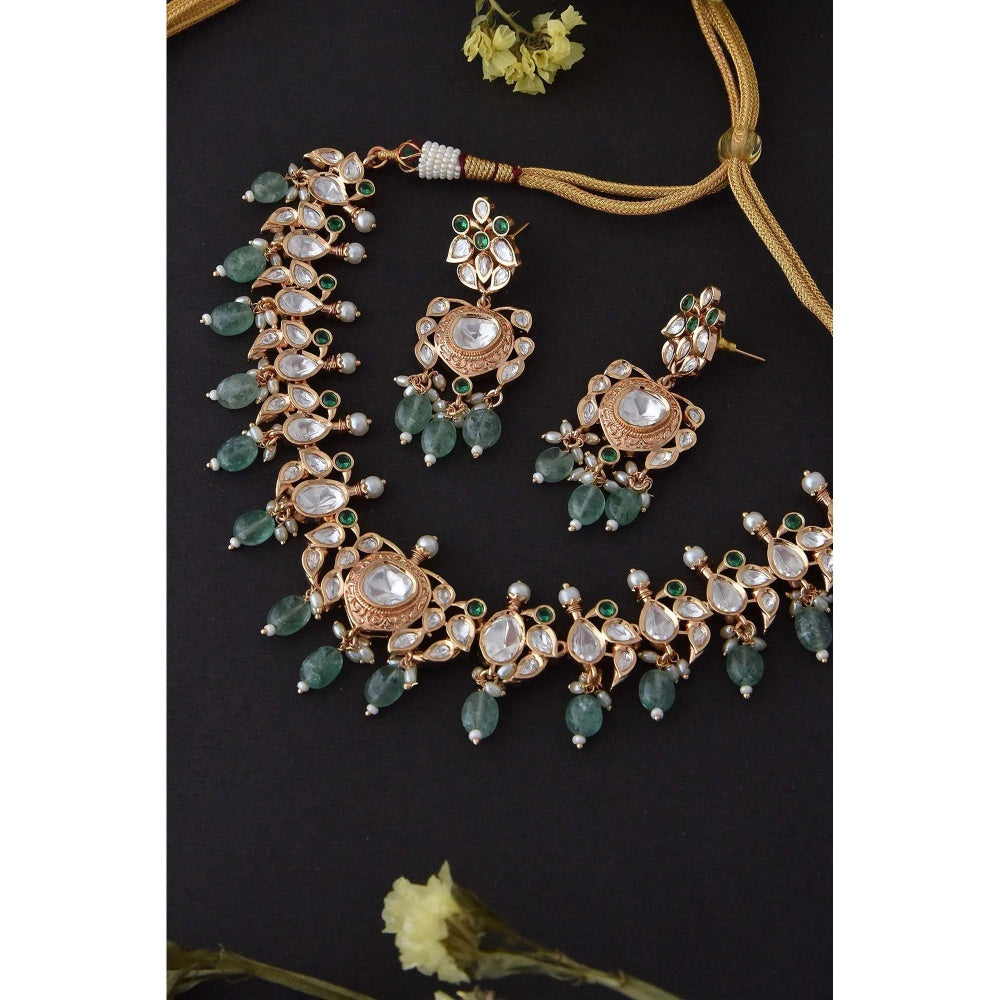 SWABHIMANN Sathya Green Polki Silver Choker Necklace with Earrings Set