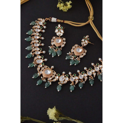 SWABHIMANN Sathya Green Polki Silver Choker Necklace with Earrings Set
