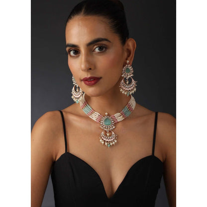 SWABHIMANN Qayannat Mint and Pink Polki Silver Necklace with Earrings Set