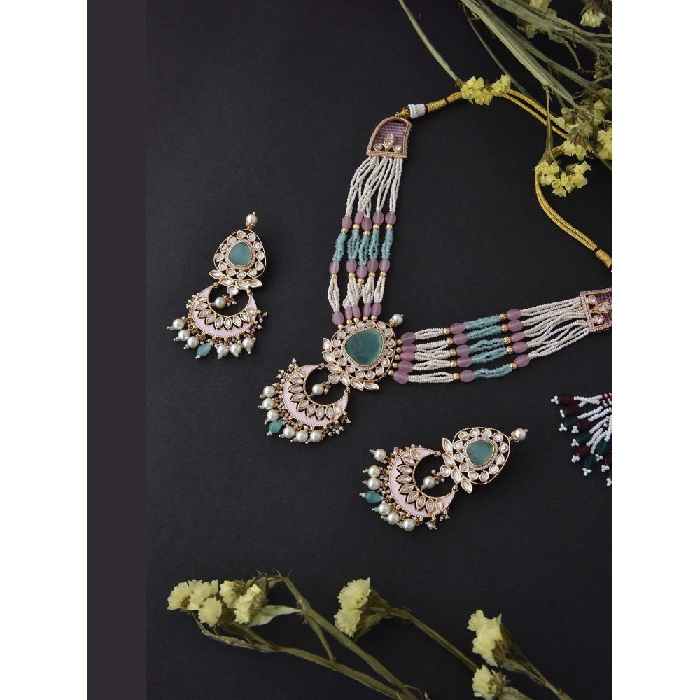 SWABHIMANN Qayannat Mint and Pink Polki Silver Necklace with Earrings Set