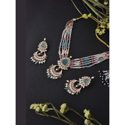 SWABHIMANN Qayannat Mint and Pink Polki Silver Necklace with Earrings Set