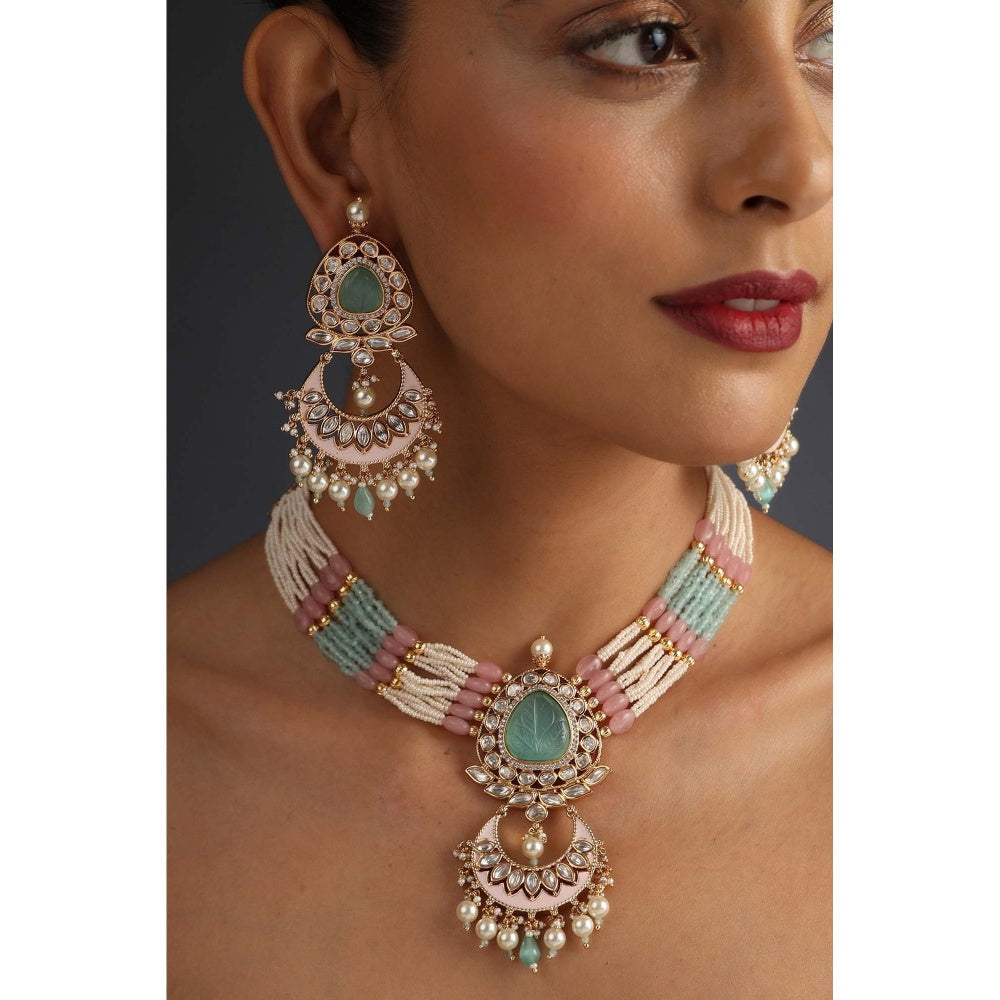 SWABHIMANN Qayannat Mint and Pink Polki Silver Necklace with Earrings Set