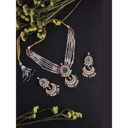 SWABHIMANN Qayannat Mint and Pink Polki Silver Necklace with Earrings Set