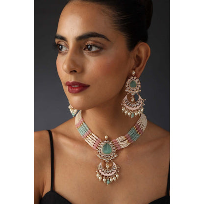 SWABHIMANN Qayannat Mint and Pink Polki Silver Necklace with Earrings Set