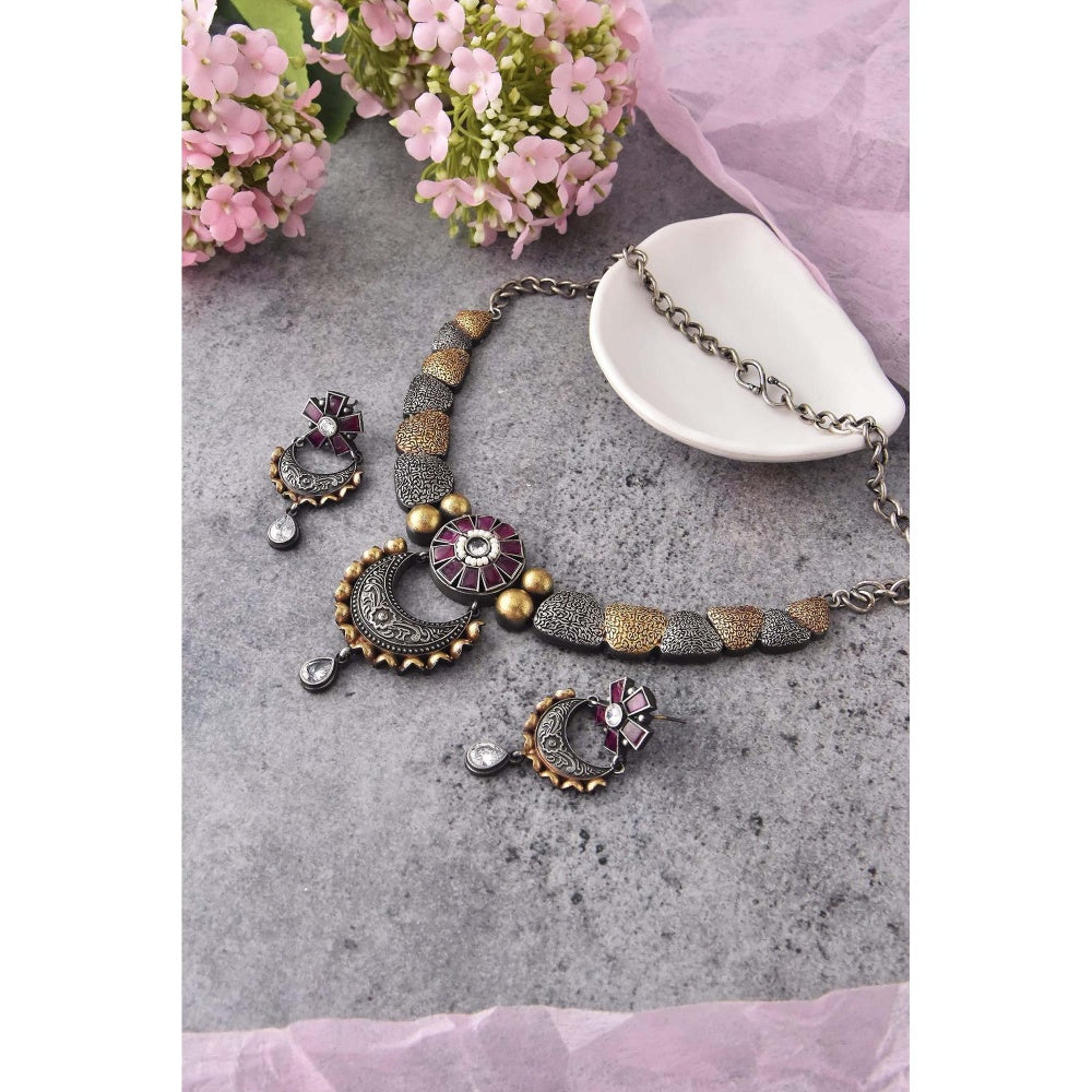 SWABHIMANN Lavanya Purple Oxidised Necklace with Earrings Set
