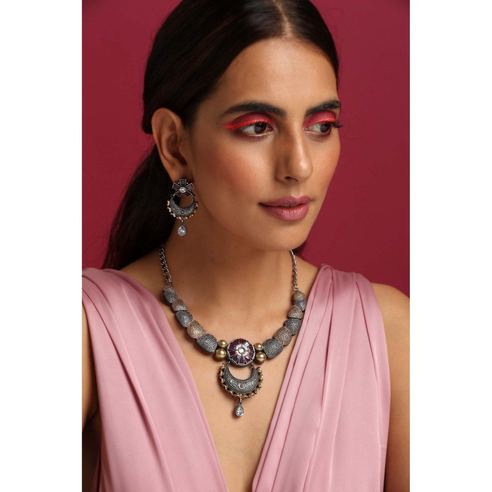 SWABHIMANN Lavanya Purple Oxidised Necklace with Earrings Set