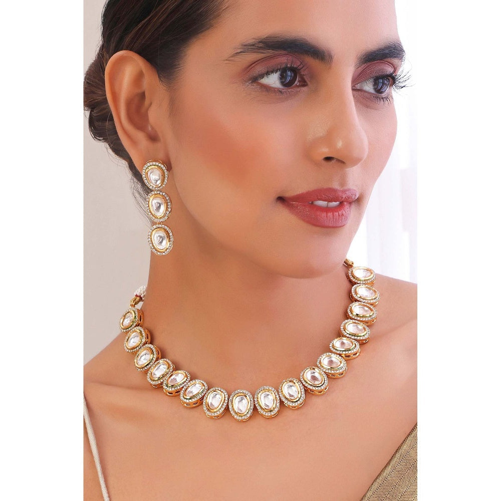 SWABHIMANN Ehshna Gold Kundan Single Line Necklace with Earrings Set