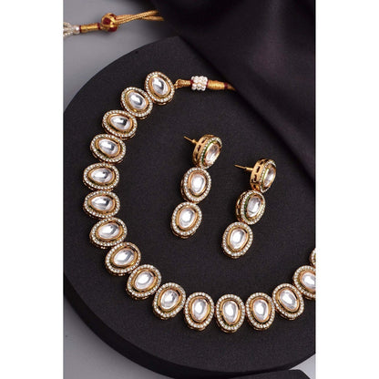 SWABHIMANN Ehshna Gold Kundan Single Line Necklace with Earrings Set