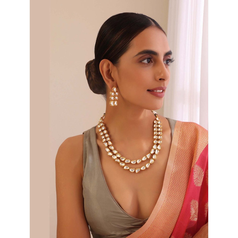 SWABHIMANN Kinjal Gold Layered Kundan Necklace with Earrings