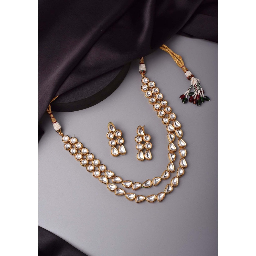 SWABHIMANN Kinjal Gold Layered Kundan Necklace with Earrings