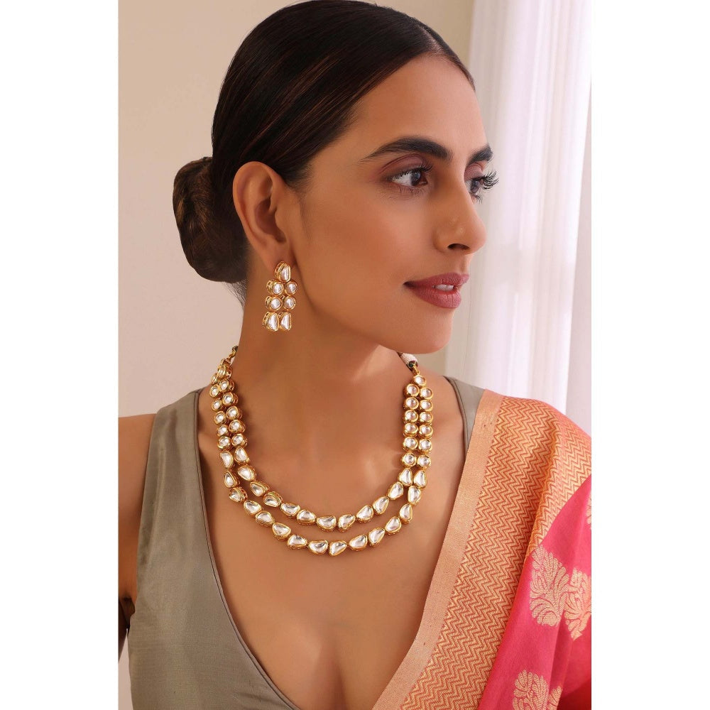 SWABHIMANN Kinjal Gold Layered Kundan Necklace with Earrings