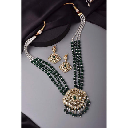 SWABHIMANN Narya Green and Gold Long Polki Necklace with Earrings Set