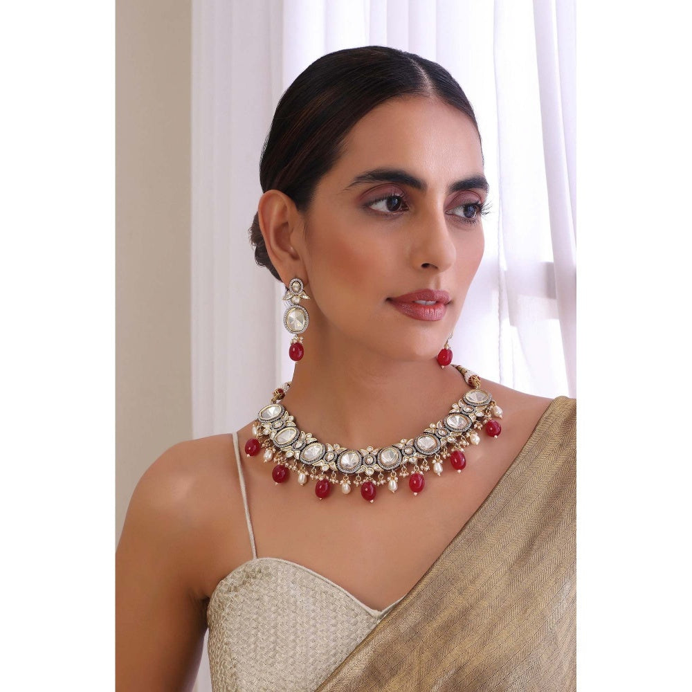 SWABHIMANN Zeba Red Polki Necklace Set