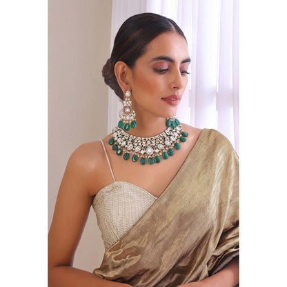 SWABHIMANN Amyutha Green Silver Polki Necklace with Earrings Set