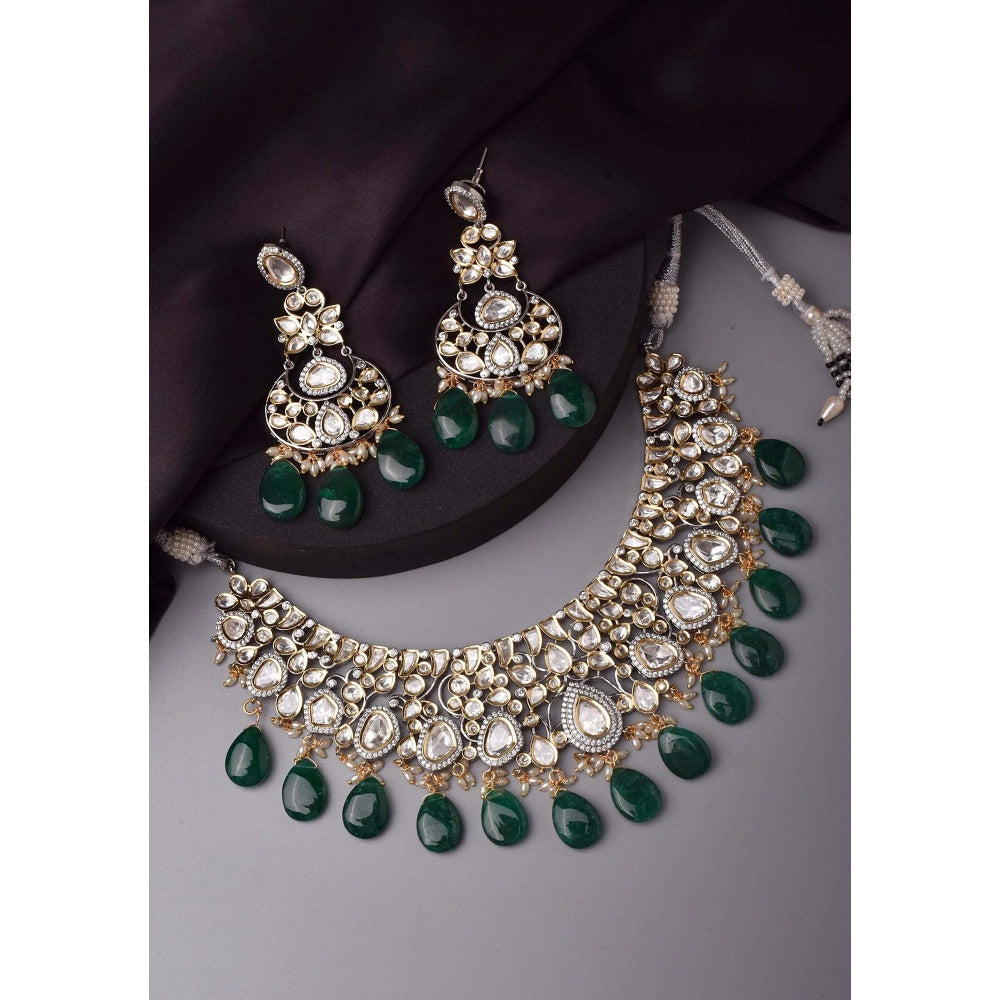 SWABHIMANN Amyutha Green Silver Polki Necklace with Earrings Set