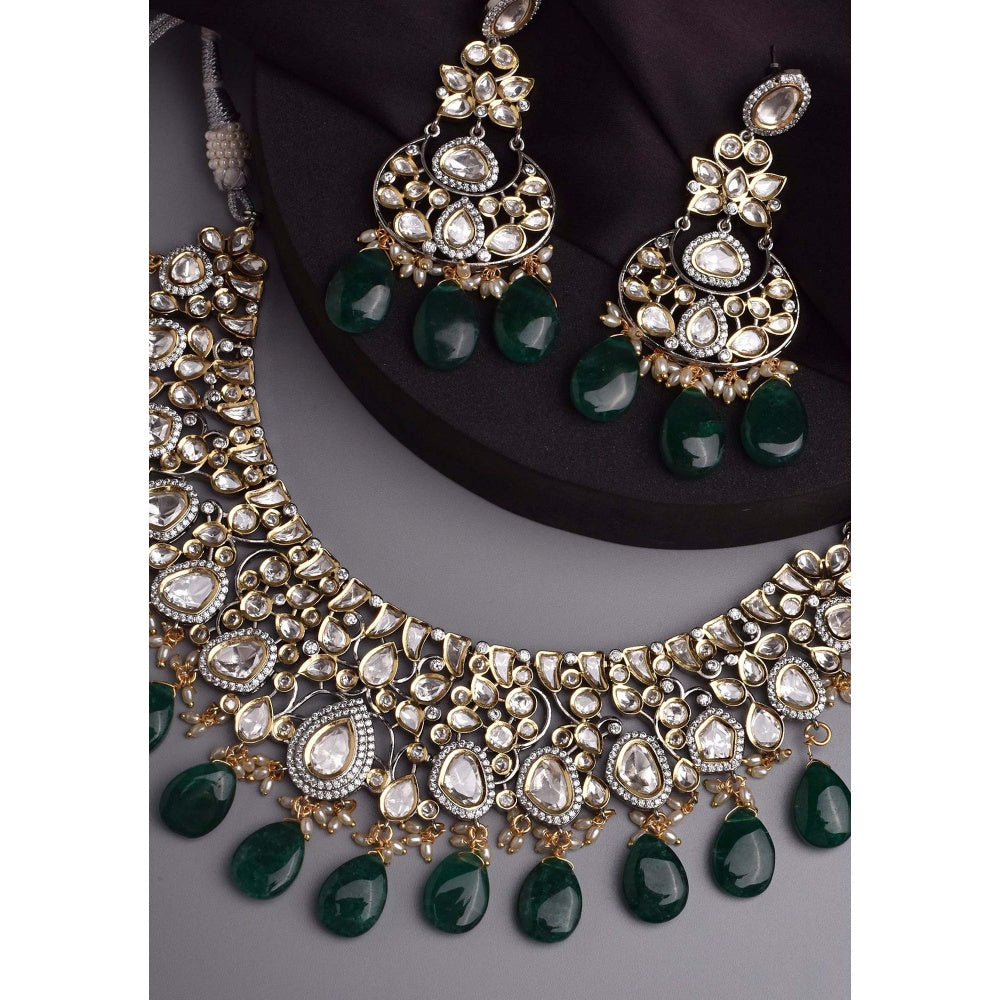 SWABHIMANN Amyutha Green Silver Polki Necklace with Earrings Set