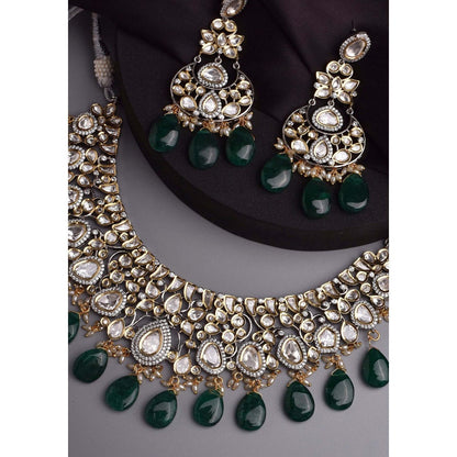 SWABHIMANN Amyutha Green Silver Polki Necklace with Earrings Set
