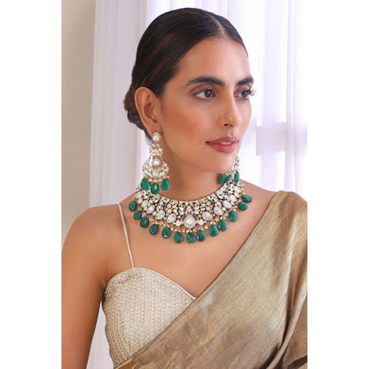 SWABHIMANN Amyutha Green Silver Polki Necklace with Earrings Set