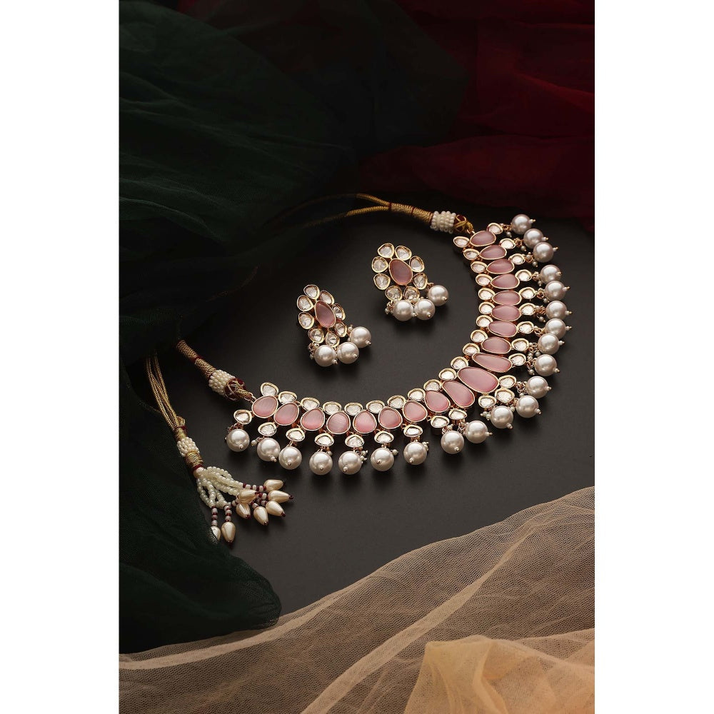 SWABHIMANN Amreen Pink Polki and Pearl Necklace Set