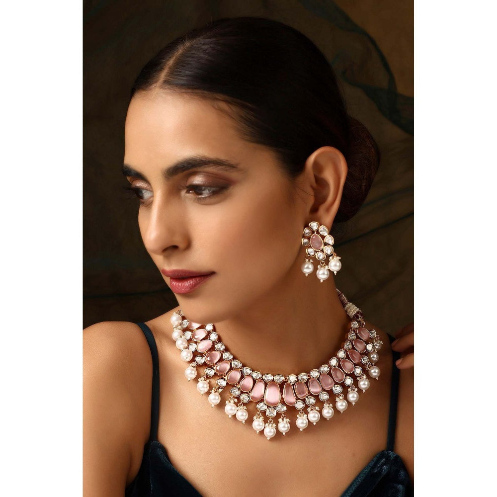 SWABHIMANN Amreen Pink Polki and Pearl Necklace Set