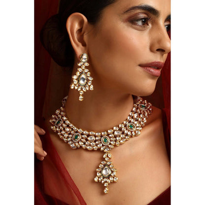 SWABHIMANN Udya Green Kundan Necklace with Earrings Set