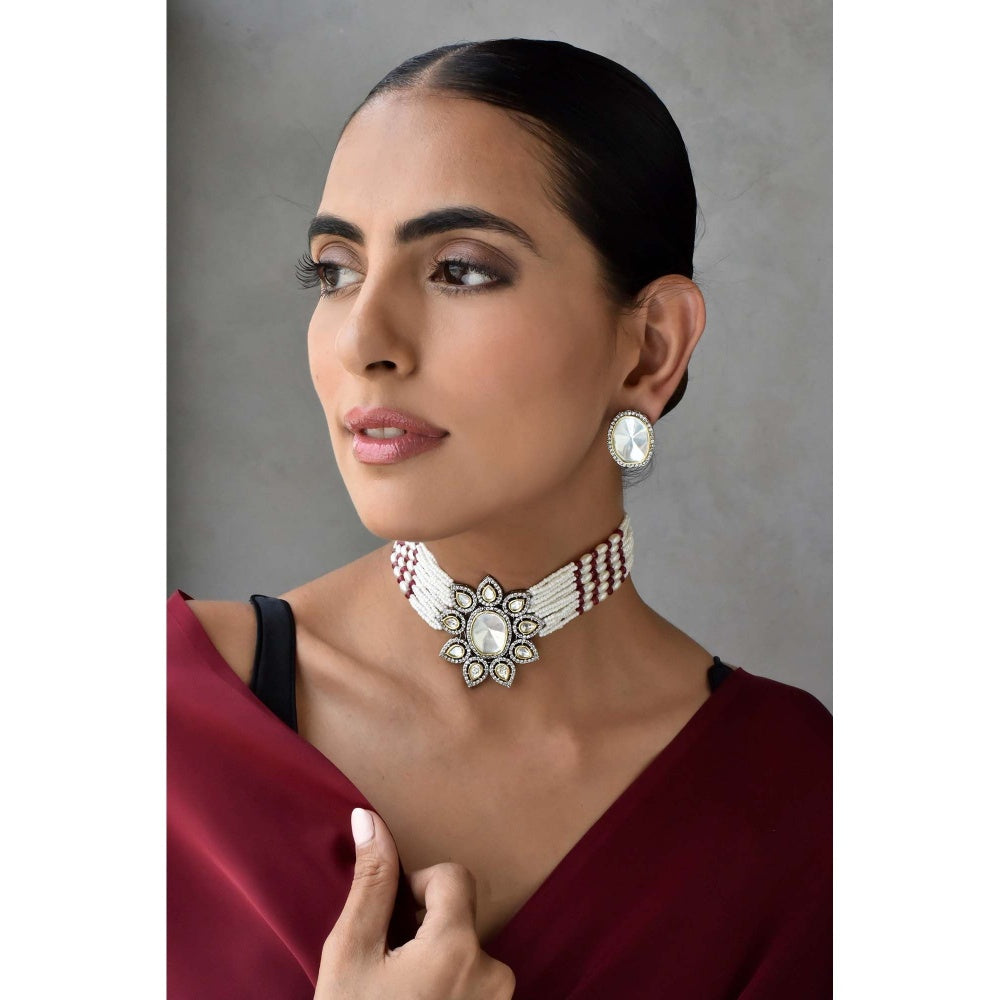 SWABHIMANN Malham Red Silver Polki Choker Necklace with Earrings Set