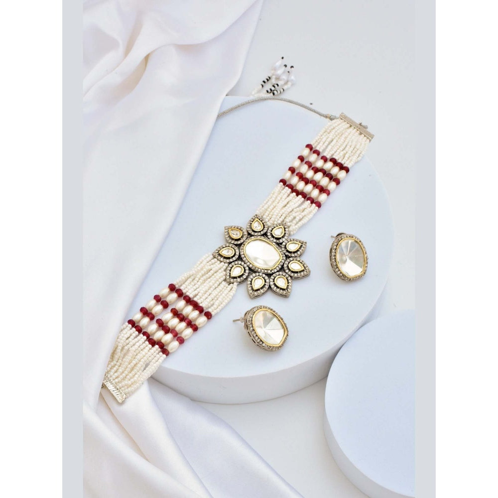 SWABHIMANN Malham Red Silver Polki Choker Necklace with Earrings Set