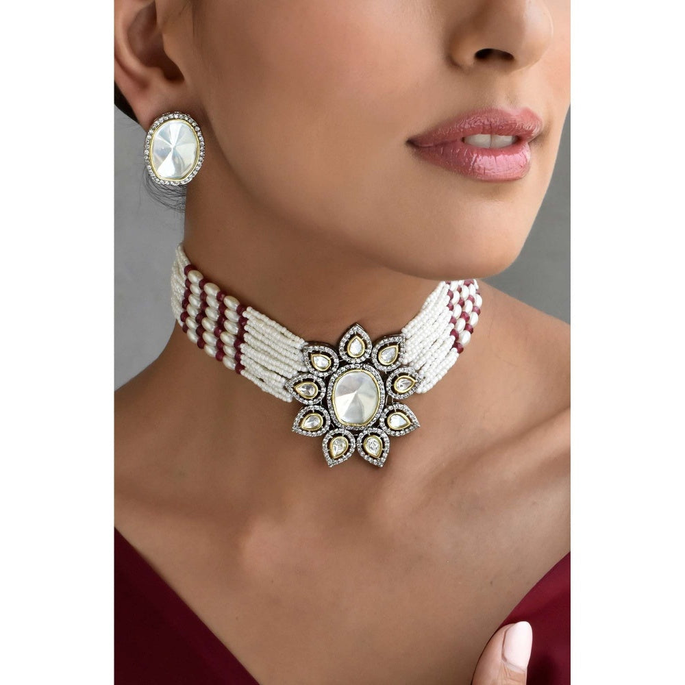 SWABHIMANN Malham Red Silver Polki Choker Necklace with Earrings Set
