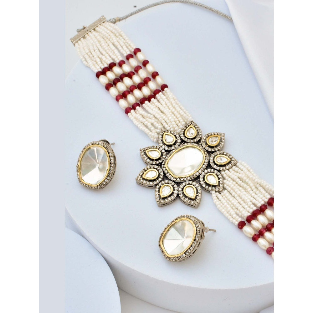 SWABHIMANN Malham Red Silver Polki Choker Necklace with Earrings Set