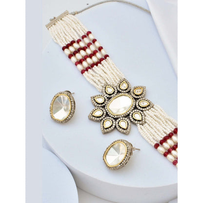 SWABHIMANN Malham Red Silver Polki Choker Necklace with Earrings Set