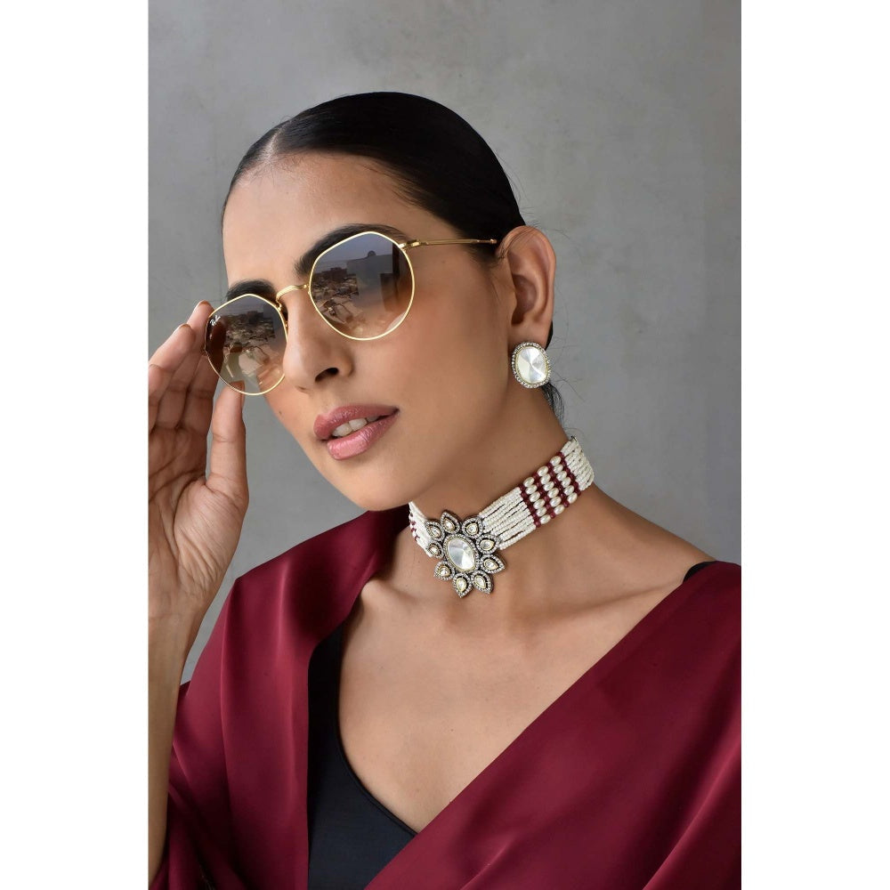 SWABHIMANN Malham Red Silver Polki Choker Necklace with Earrings Set