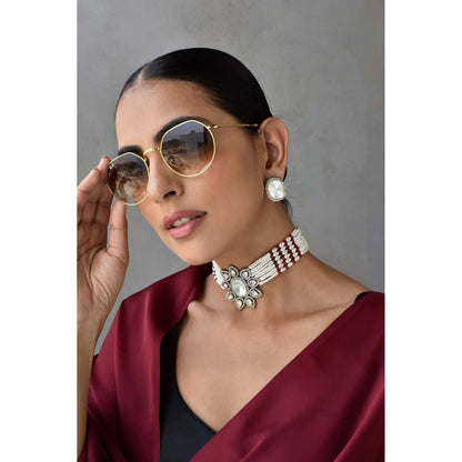 SWABHIMANN Malham Red Silver Polki Choker Necklace with Earrings Set