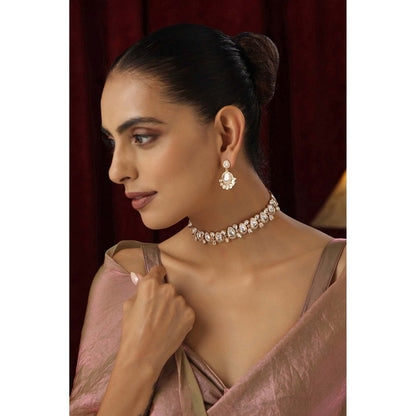 SWABHIMANN Inaya Rose Gold Polki Choker Necklace with Earrings Set