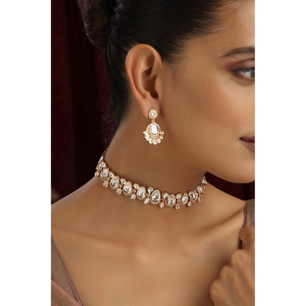 SWABHIMANN Inaya Rose Gold Polki Choker Necklace with Earrings Set