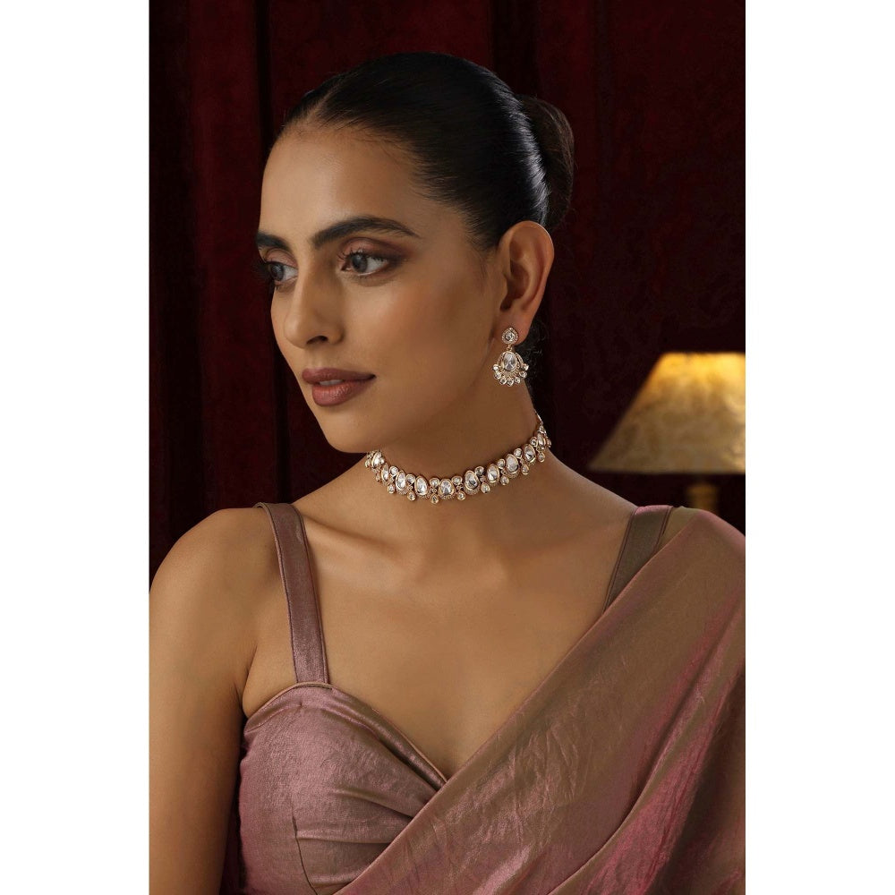 SWABHIMANN Inaya Rose Gold Polki Choker Necklace with Earrings Set