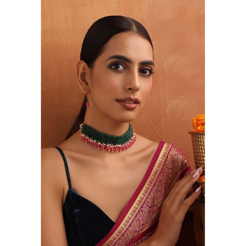 SWABHIMANN Gamya Green and Pink Choker Necklace with Earrings Set