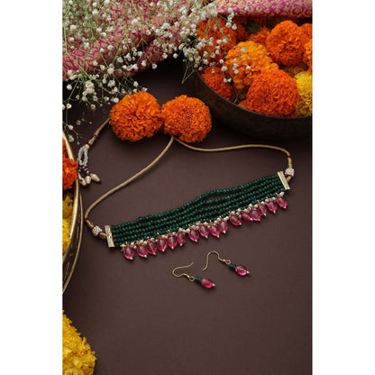 SWABHIMANN Gamya Green and Pink Choker Necklace with Earrings Set